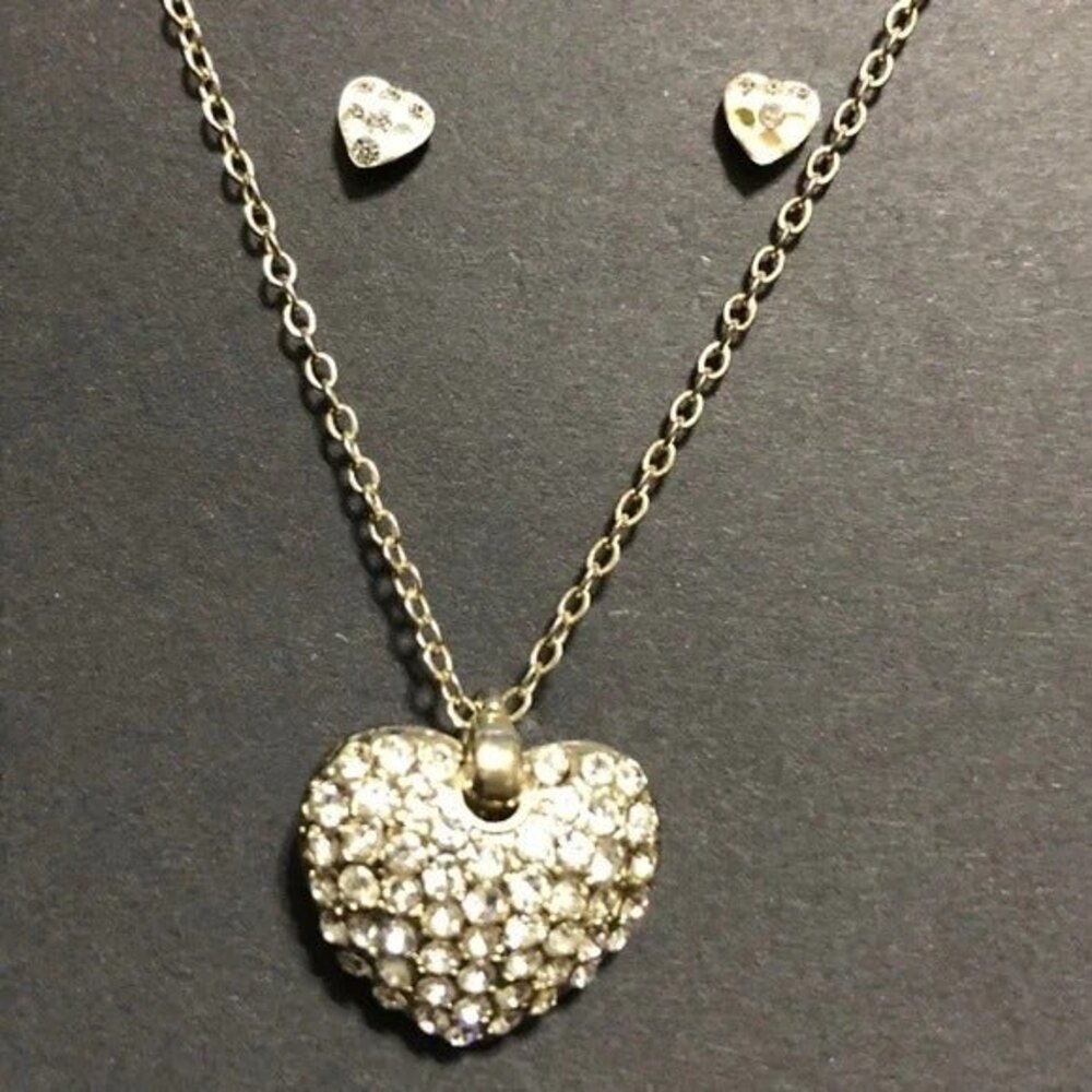 Silver Rhinestone Heart Necklace Earring Set FLAW - Picture 2 of 9